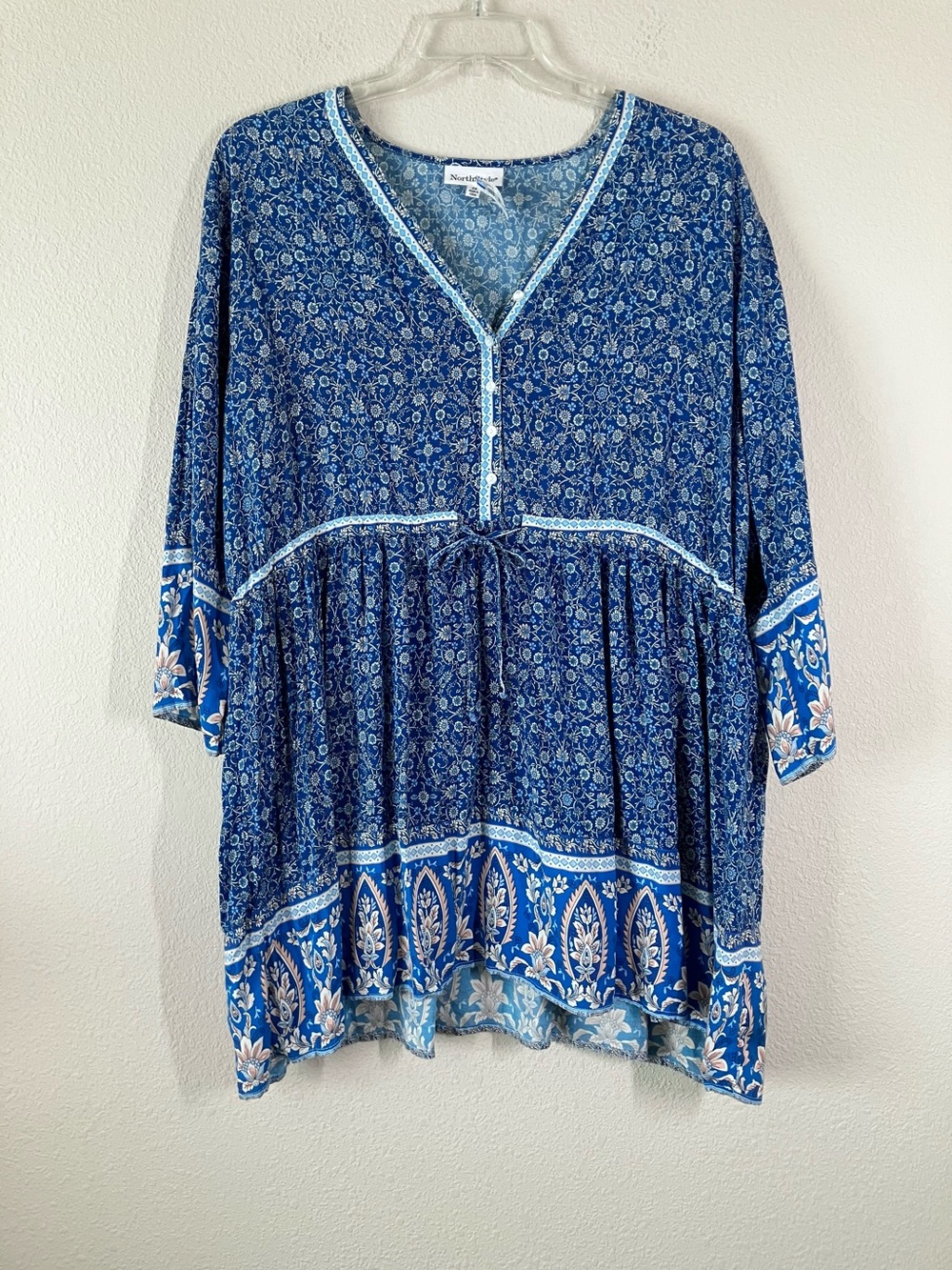 Plus Size Babydoll Peasant Tunic Dress 2X Ditsy Floral Boho Resort Festival Blue - Picture 2 of 10